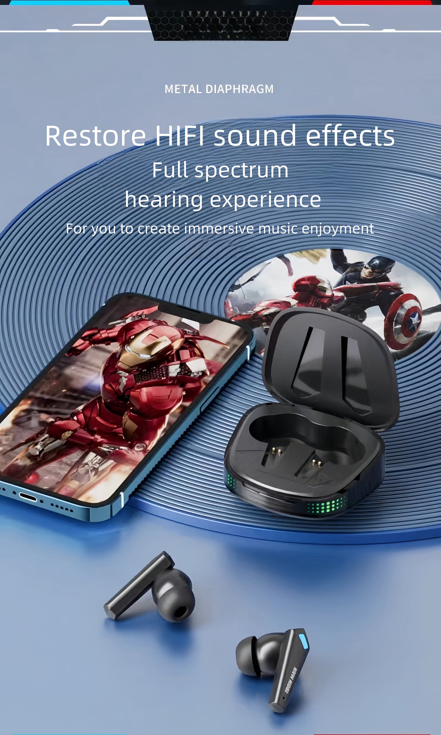 IRON MAN/HULK/CAPTAIN AMERICA MOBILE PHONE WIRELESS BLUETOOTH APPLE ANDROID UNIVERSAL ACTIVE NOISE REDUCTION HD SOUND QUALITY HEADSET EARPHONES