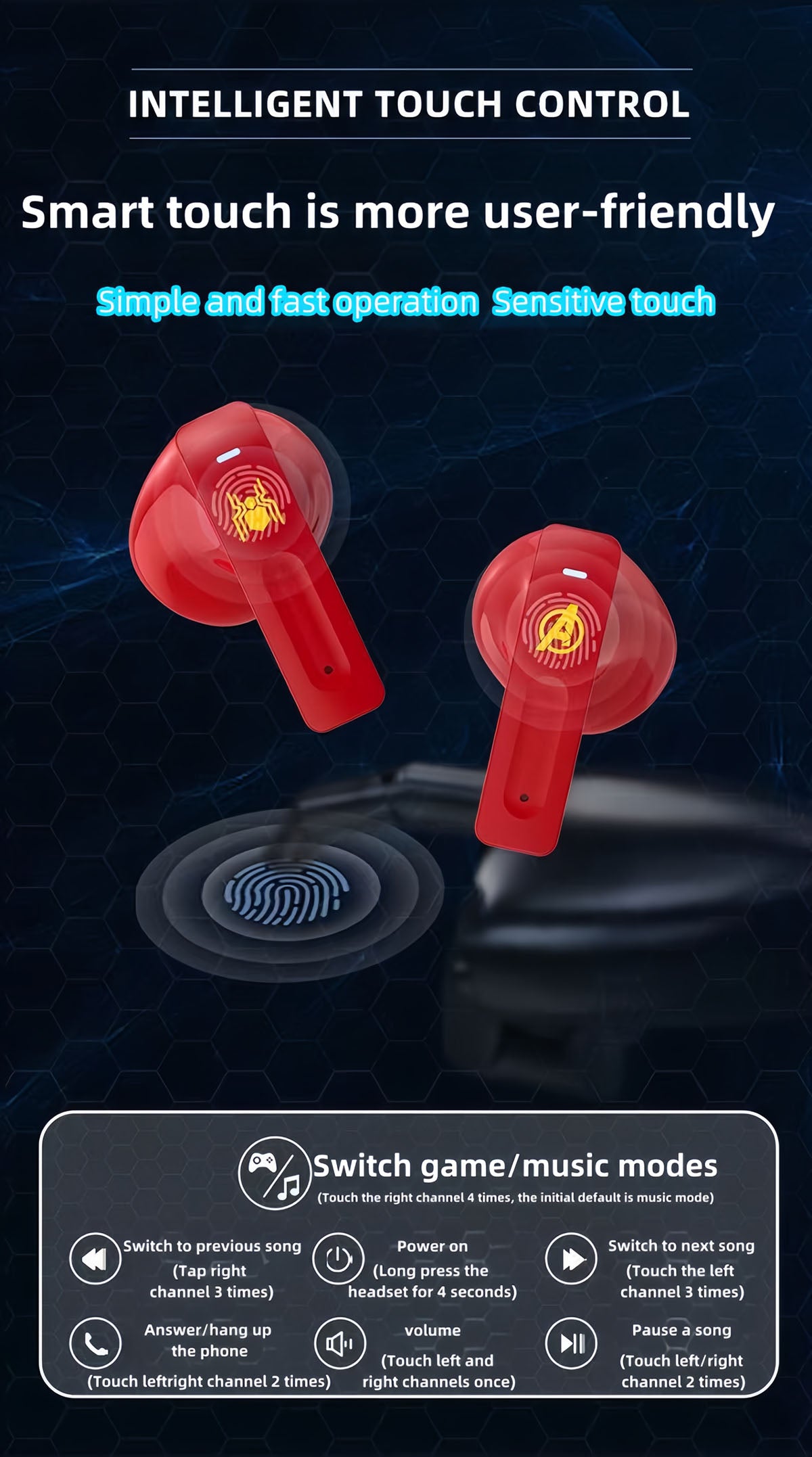Iron Man/Spider Man/Captain America Mobile phone Wireless Bluetooth Apple Android Universal active noise reduction HD sound quality headset earphones