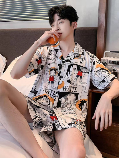 Luffy ice silk short-sleeve pajamas men summer 2022 new youth thin cartoon boys home clothes