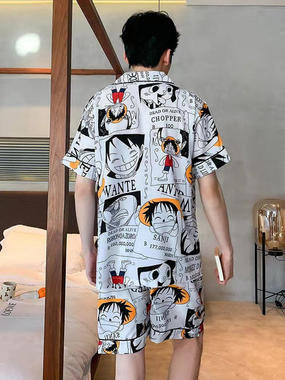 Luffy ice silk short-sleeve pajamas men summer 2022 new youth thin cartoon boys home clothes